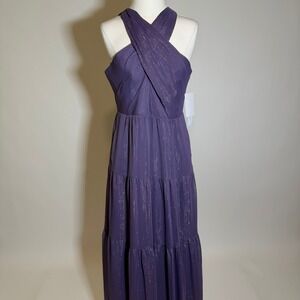 NWD Nicole Miller Criss Cross Halter Maxi Dress Purple Metallic Womens 8 Wedding